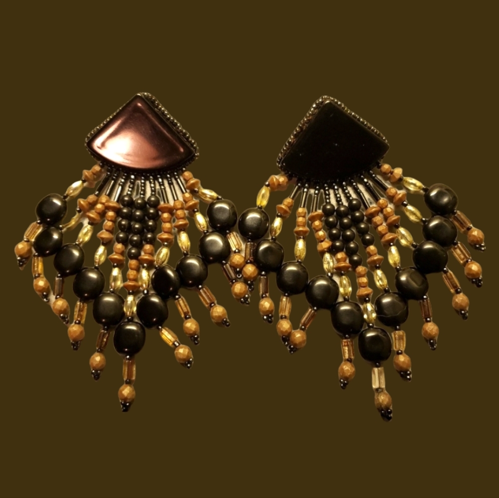 Vtg Leather/Beads Fringe Benefits Earrings